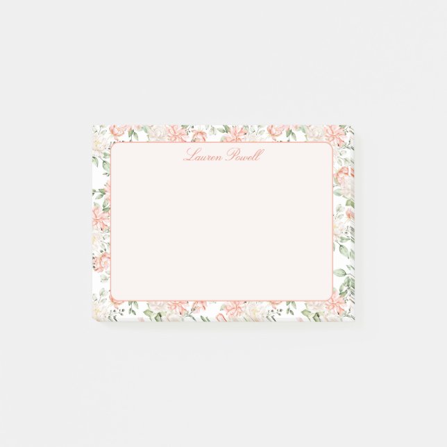 Sweet Botanical Rose Romantic Floral Personalised Post-it Notes (Front)