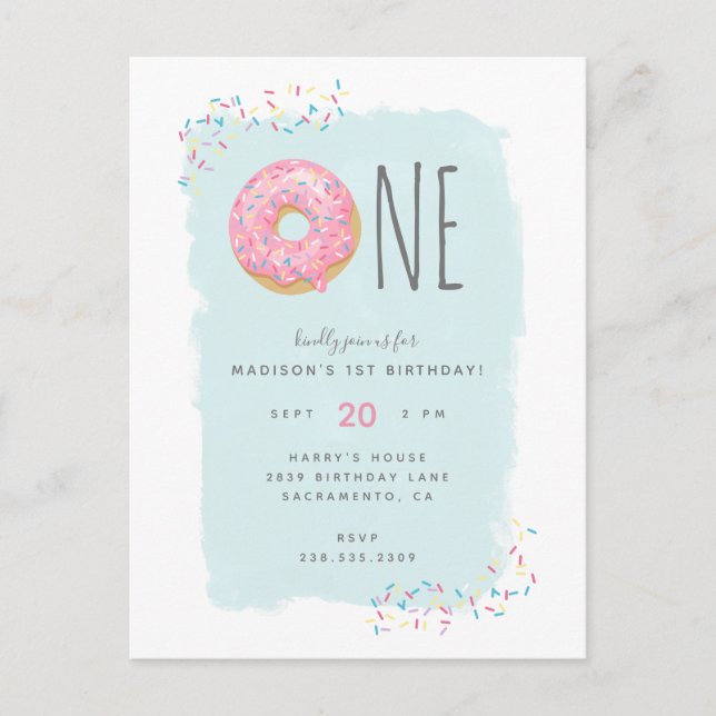 Sweet Bright Pink Doughnut with Sprinkle 1st Birth Invitation Postcard (Front)