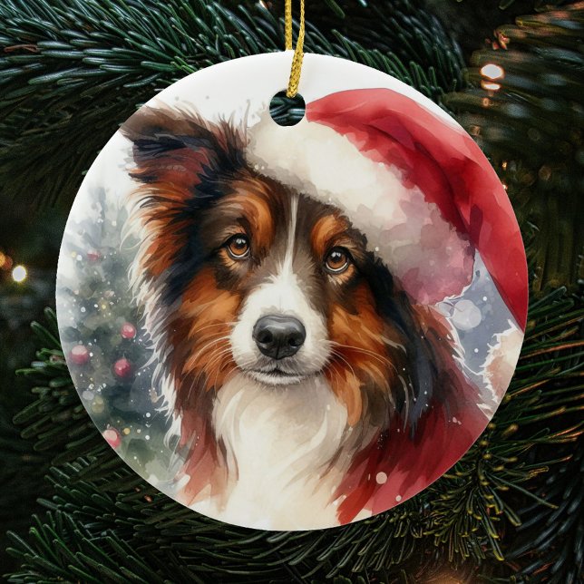 Sweet Brown Border Collie Santa Hat Christmas Ceramic Tree Decoration (Creator Uploaded)