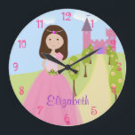 Sweet Brown Hair Princess Personalised Large Clock<br><div class="desc">The perfect room decoration for your sweet little princess.  Easy to customise if desired. Change the font colour and style by using Customise it! and selecting the edit feature. Original vector art by Night Owl's Menagerie,  2013.</div>