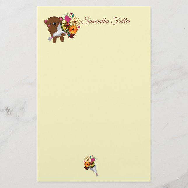 Sweet Brown Teddy Bear with Bouquet, Stationery (Front)
