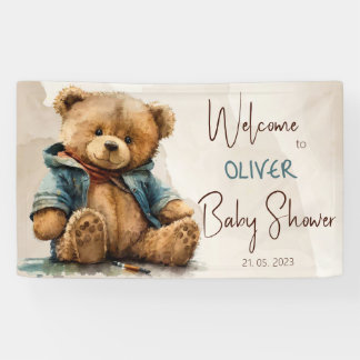 Sweet brown watercolor teddy bear Baby Shower Banner
