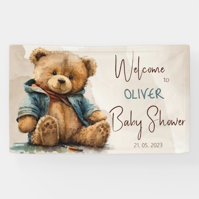 Sweet brown watercolor teddy bear Baby Shower Banner (Horizontal)