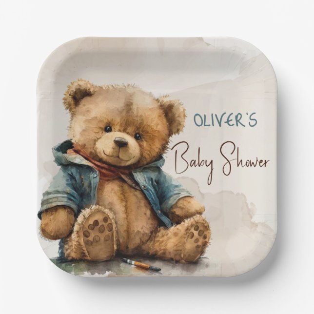 Sweet brown watercolor teddy bear Baby Shower Paper Plate (Front)