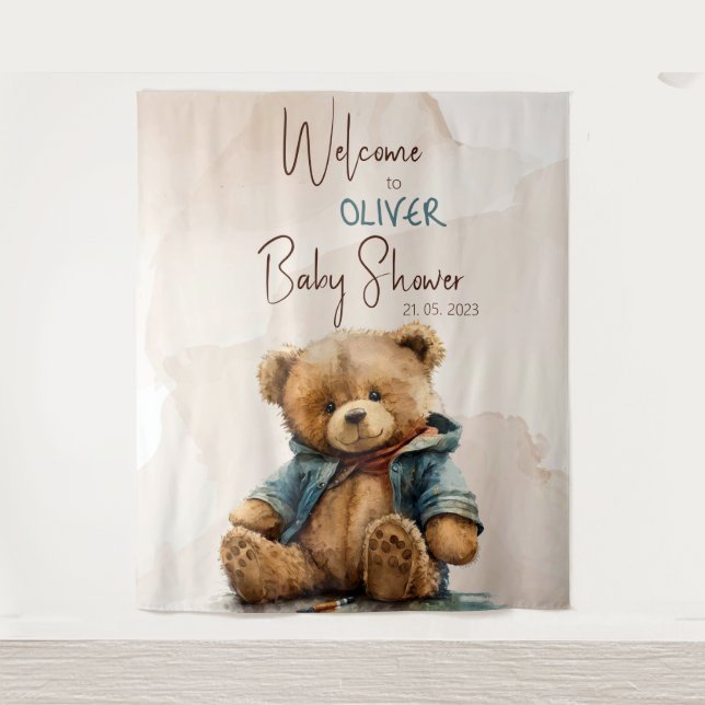 Sweet brown watercolor teddy bear Baby Shower Tapestry (Front)