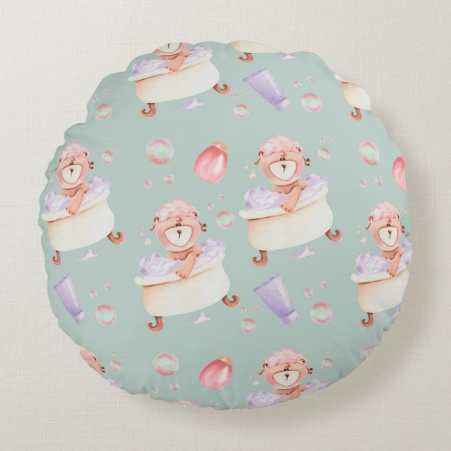 Sweet Bubble Bath Bear Pattern Round Cushion (Front)