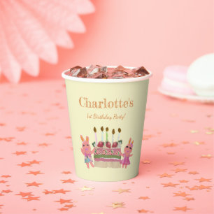 Sweet Bunnies Strawberry Cake Kids Birthday Yellow Paper Cups