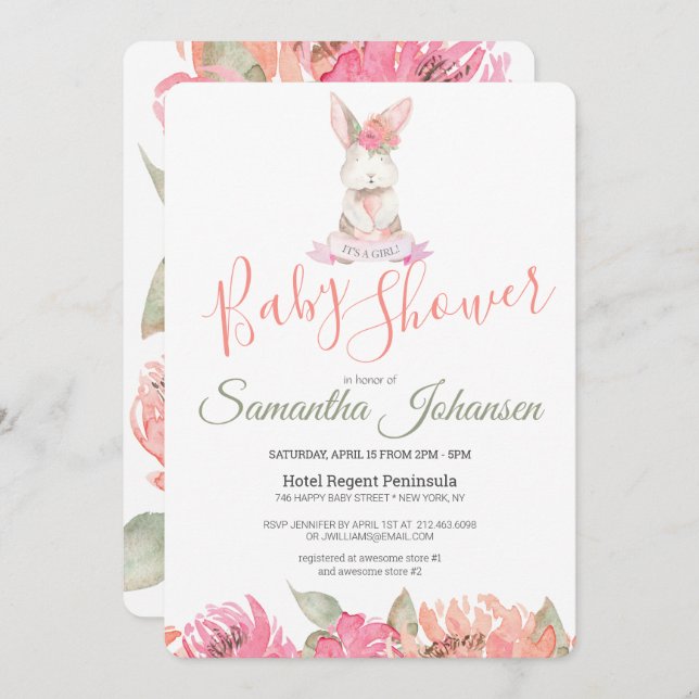 Sweet Bunny and Watercolor Flowers Baby Shower Invitation (Front/Back)