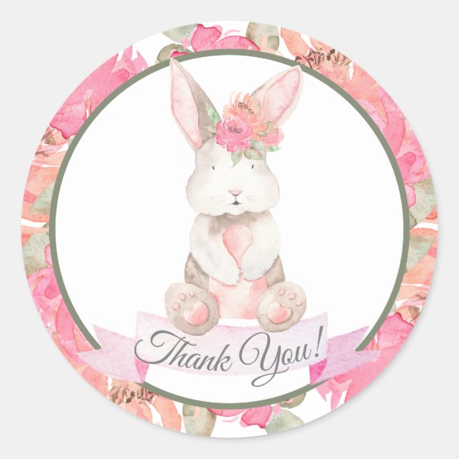 Sweet Bunny Floral Baby Shower Thank You Classic Round Sticker (Front)