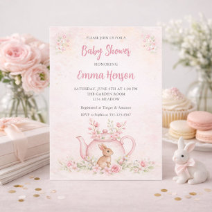 Sweet Bunny & Floral Teapot Baby Shower  Invitation