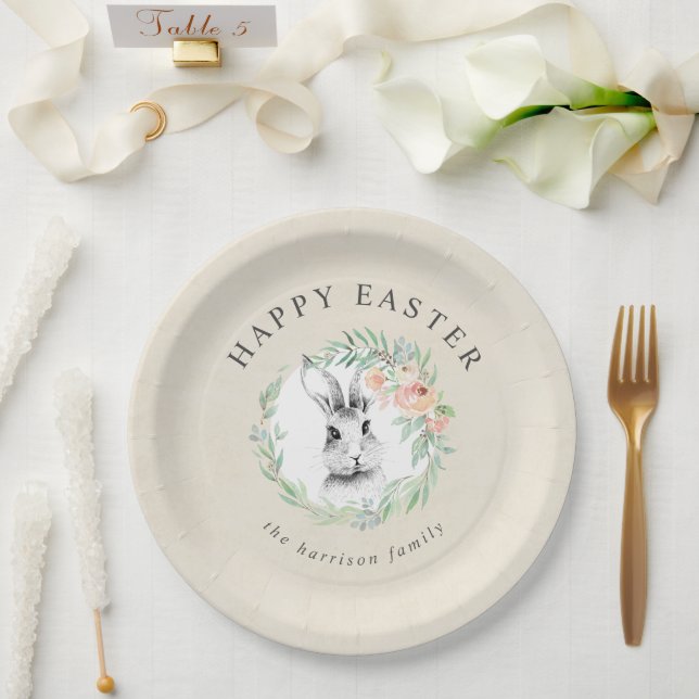 Sweet Bunny Floral Wreath Happy Easter Paper Plate (Wedding)