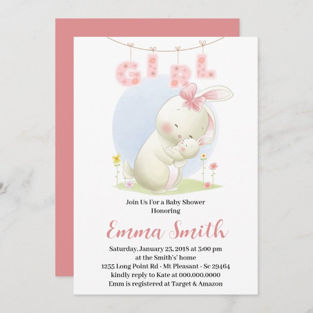 Sweet Bunny Girl Baby Shower Invitation (Front/Back)