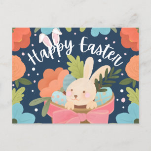 Sweet Bunny in Gift Basket “Happy Easter”  Holiday Postcard