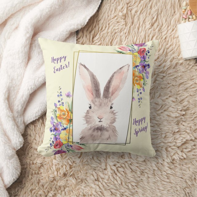 Sweet Bunny in Gold Frame Brightly Coloured Flower Cushion (Blanket)