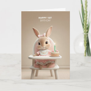 Sweet Bunny in High Chair w/ First Birthday Cake Card