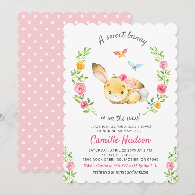 Sweet Bunny On The Way Baby Girl Shower Sprinkle Invitation (Front/Back)