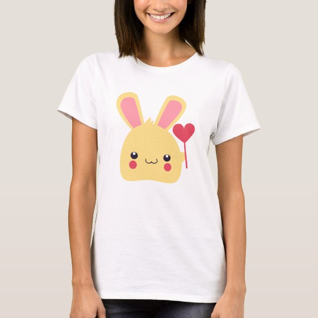 Sweet Bunny Rabbit Face Holding a Heart on a Stick T-Shirt (Front)