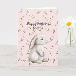 Sweet Bunny Rabbit Roses Pink Floral Birthday Card
