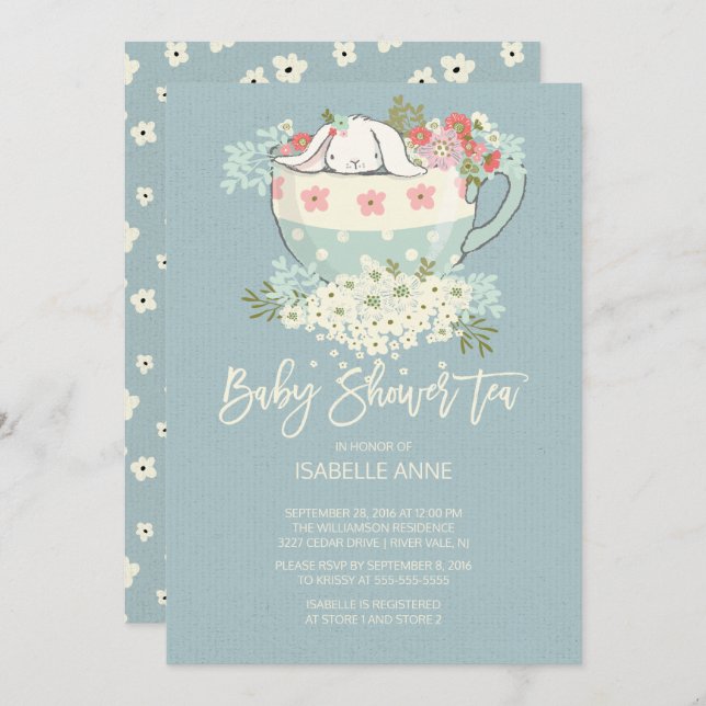 Sweet Bunny Tea Cup Blue Baby Shower Invitations (Front/Back)