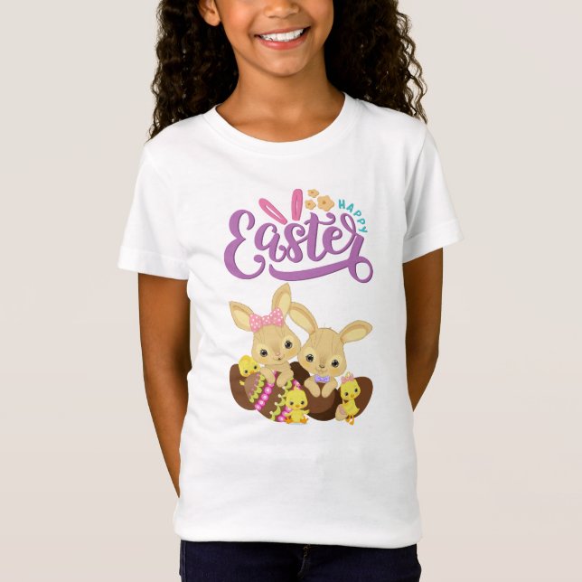 Sweet Bunny Twins & Chicks "Happy Easter" Kids Tee (Front)