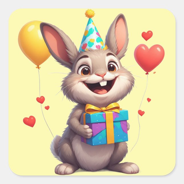 🐰 Sweet Bunny With Birthday Gift Square Sticker (Front)
