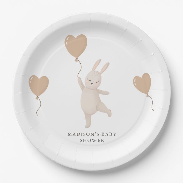 Sweet Bunny with Heart Balloon Baby Shower Paper Plate (Front)