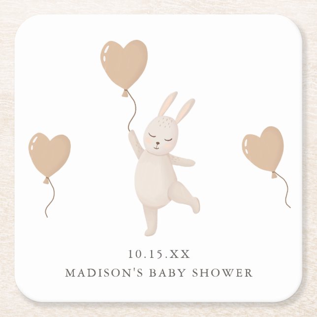 Sweet Bunny with Heart Balloon Baby Shower Square Paper Coaster (Front)