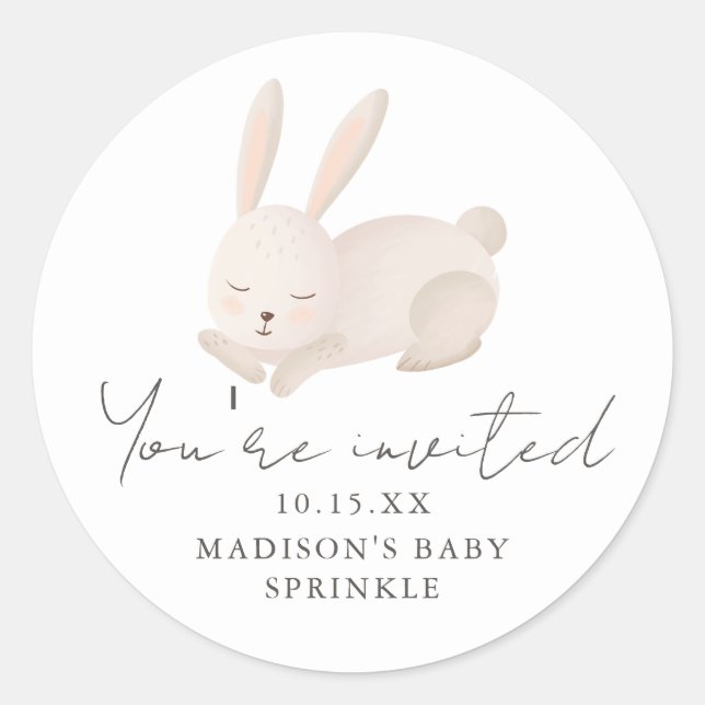 Sweet Bunny You're Invited Script Baby Sprinkle Classic Round Sticker (Front)