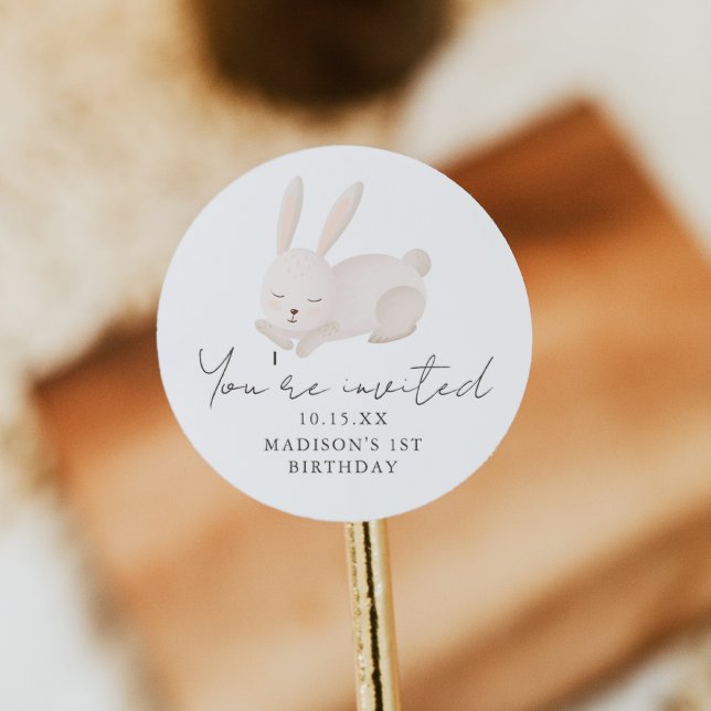 Sweet Bunny You're Invited Script First Birthday Classic Round Sticker (Creator Uploaded)