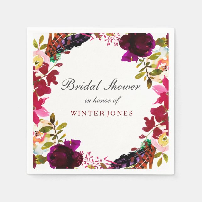 Sweet Burgundy Purple Floral Wreath Bridal Shower Napkin (Front)
