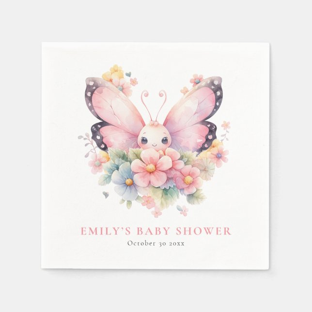 Sweet Butterfly and Florals Pink Baby Shower Napkin (Front)