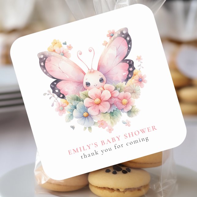 Sweet Butterfly Florals Pink Baby Shower Thank You Square Sticker (Closer view)