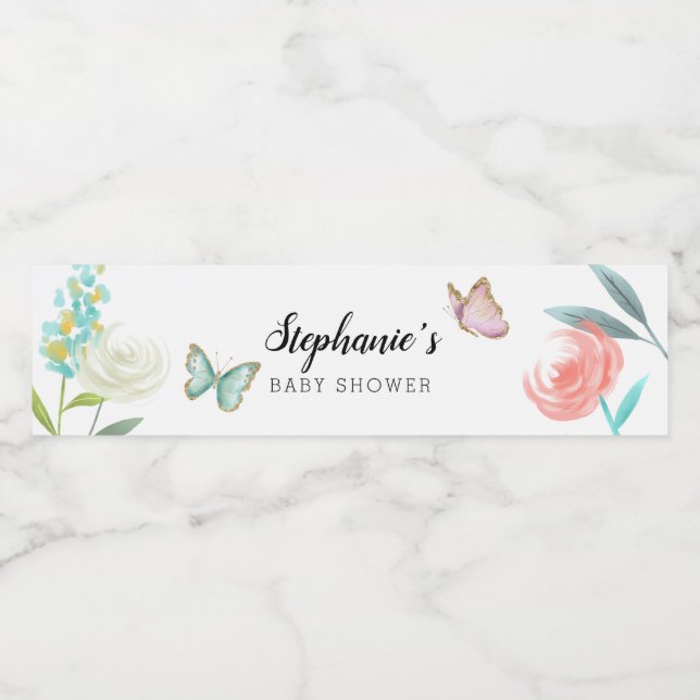 Sweet Butterfly Garden Baby Shower Water Bottle Label (Single Label)