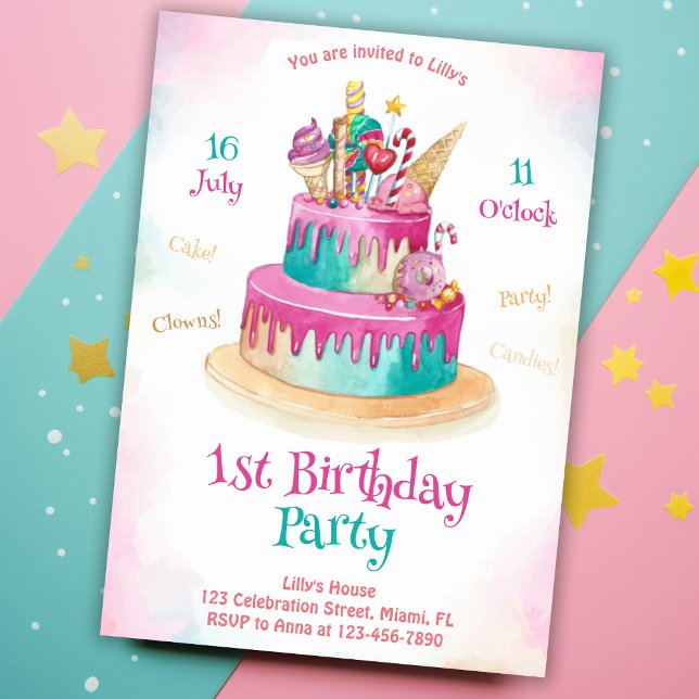 Sweet Cake For Girls Pink Cute Kids 1st Birthday Invitation (Creator Uploaded)