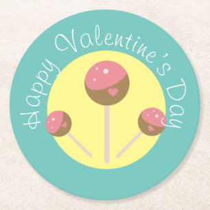 Sweet Cake Pop Valentines Pink Teal Round Paper Coaster