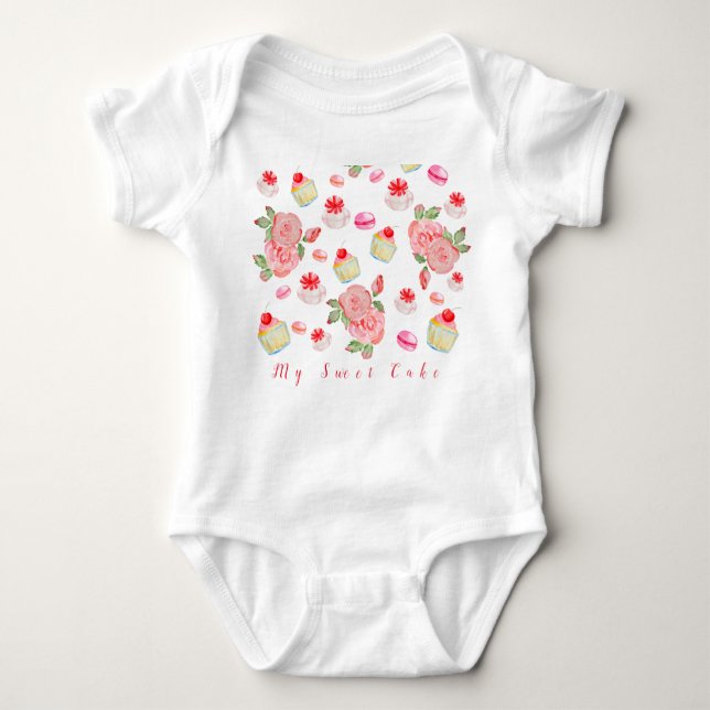 Sweet cakes and roses in watercolour baby bodysuit (Front)