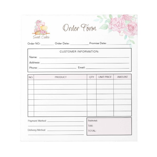 Sweet Cakes Bakery Order Form Receipt Invoice Notepad (Front)