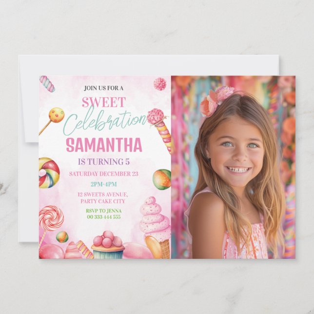 Sweet Candy 1st 2nd 3rd 4th 5th Photo Birthday Invitation (Front)