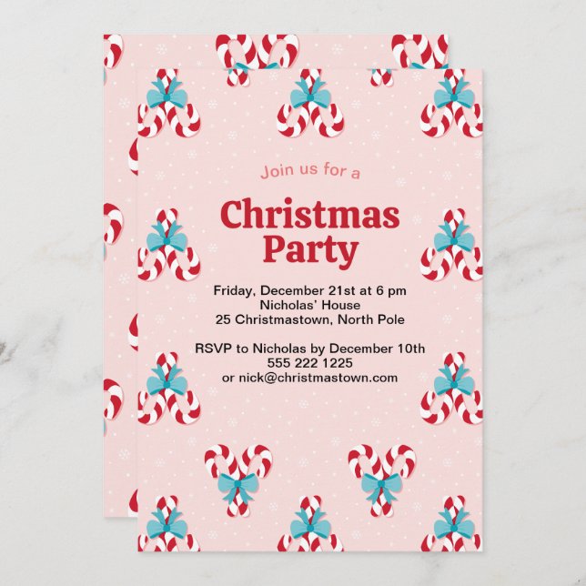 Sweet Candy Canes and Bows Christmas Invitation (Front/Back)