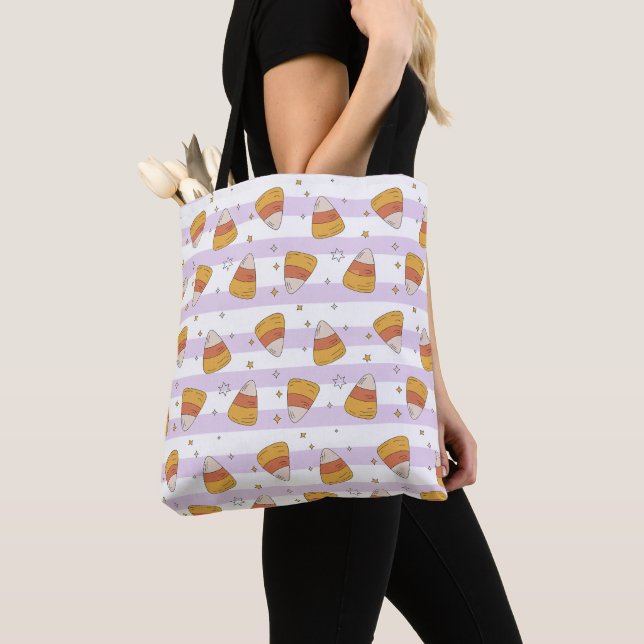 Sweet Candy Corn & Stars Halloween Pattern Tote Bag (Close Up)