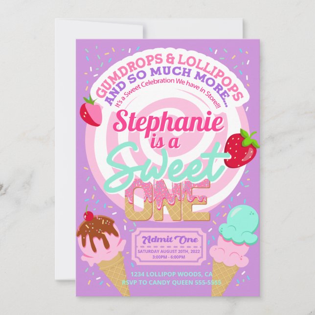 Sweet Candy Land 1st Birthday Party Invitations  (Front)