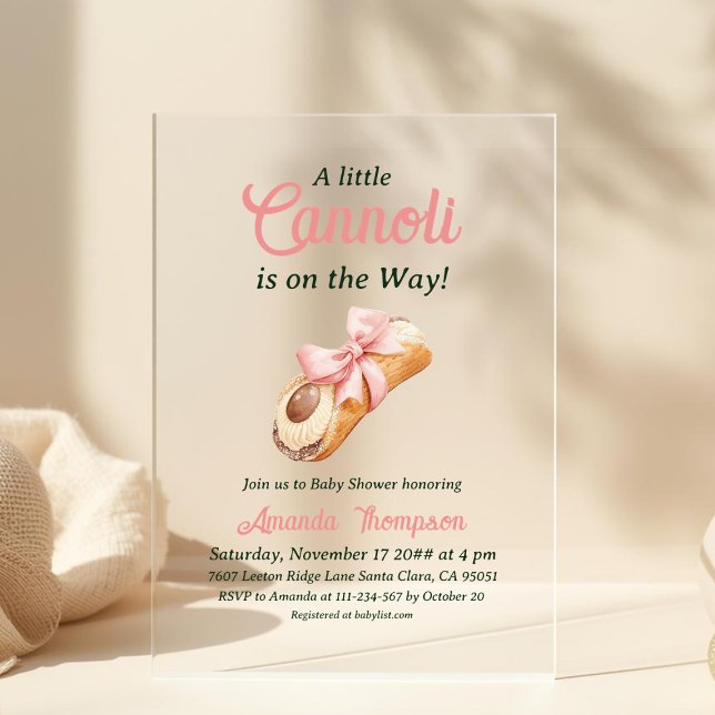 Sweet Cannoli Pink Bow Girl Italian Baby Shower Acrylic Invitations (Creator Uploaded)