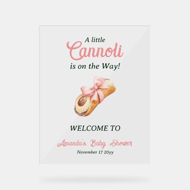 Sweet Cannoli Pink Bow Girl Italian Baby Shower Acrylic Sign (Front)