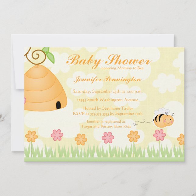 Sweet cartoon bumble bee baby shower invitation (Front)