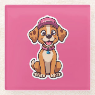 Sweet Cartoon Dog – Happy Puppy in Cap Sticker Glass Coaster