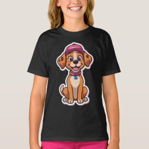 Sweet Cartoon Dog – Happy Puppy in Cap Sticker T-Shirt