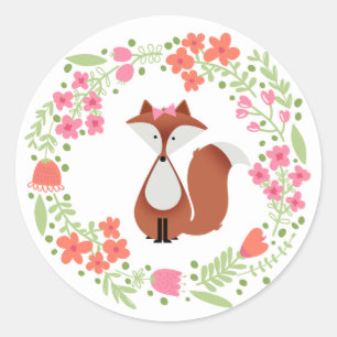 Sweet Cartoon Red Fox Floral Classic Round Sticker