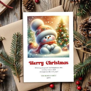 Sweet cartoon snowman festive red green gold card