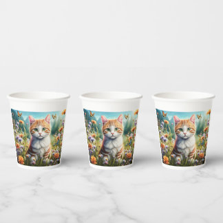 Sweet cat in a flower meadow paper cups