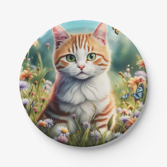 Sweet cat in a flower meadow paper plate (Front)